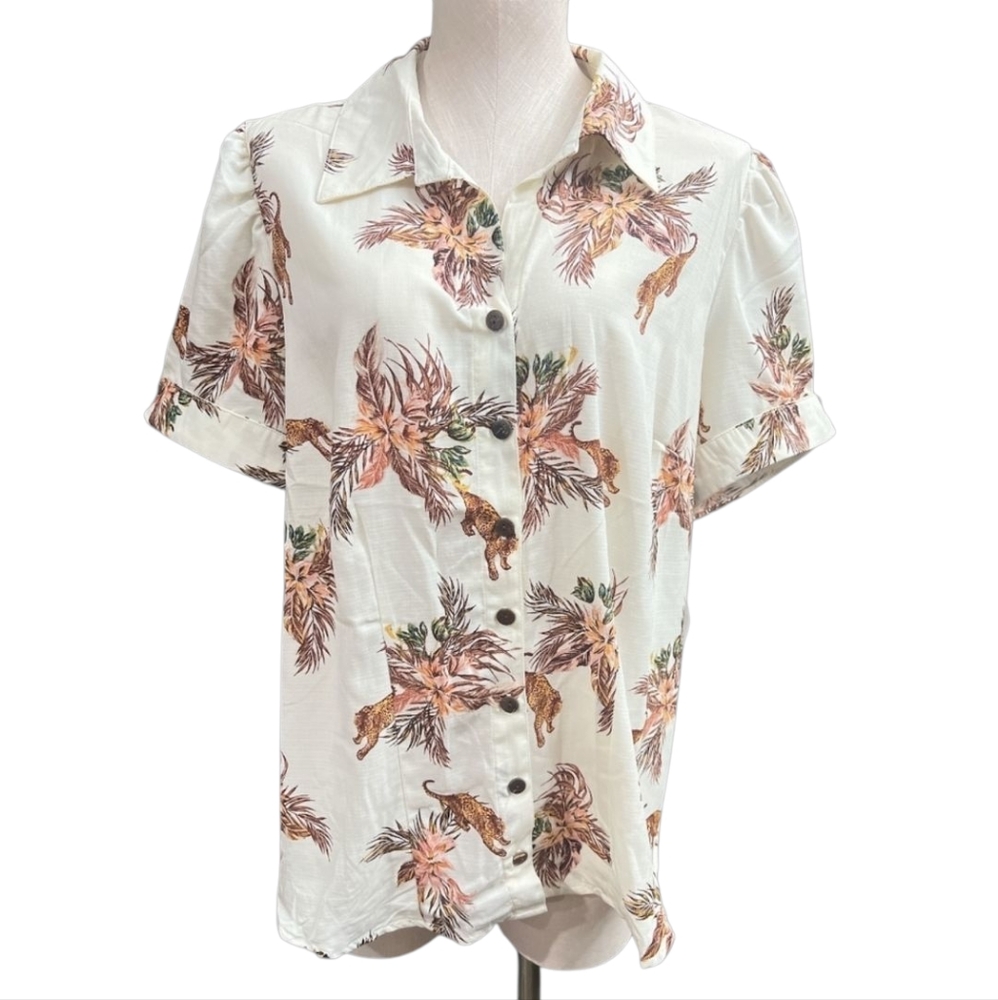 Sara Michelle Womens Tropical Print Button-Up Shirt